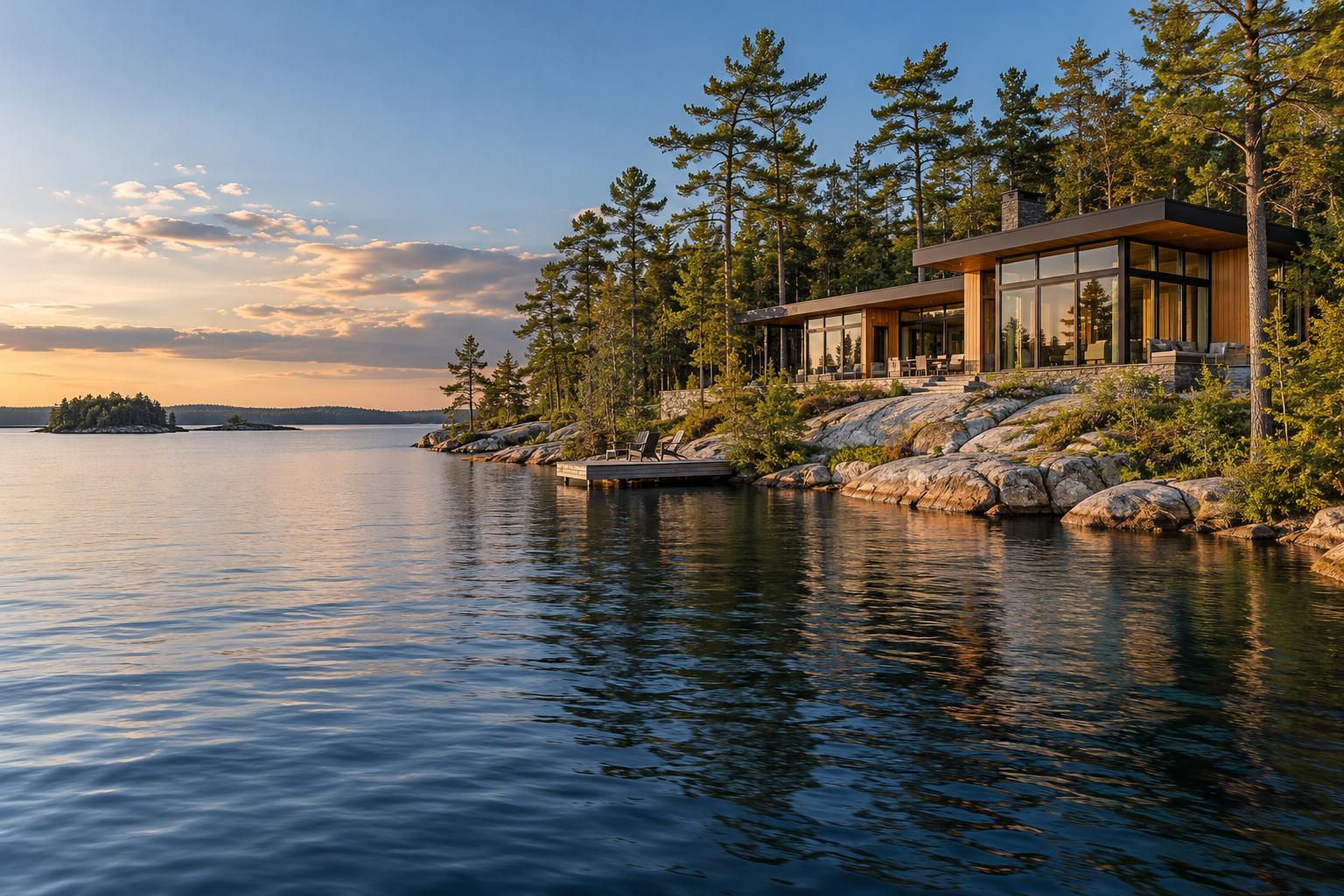 Illustrative concept of a contemporary cottage on a wooded Muskoka shoreline